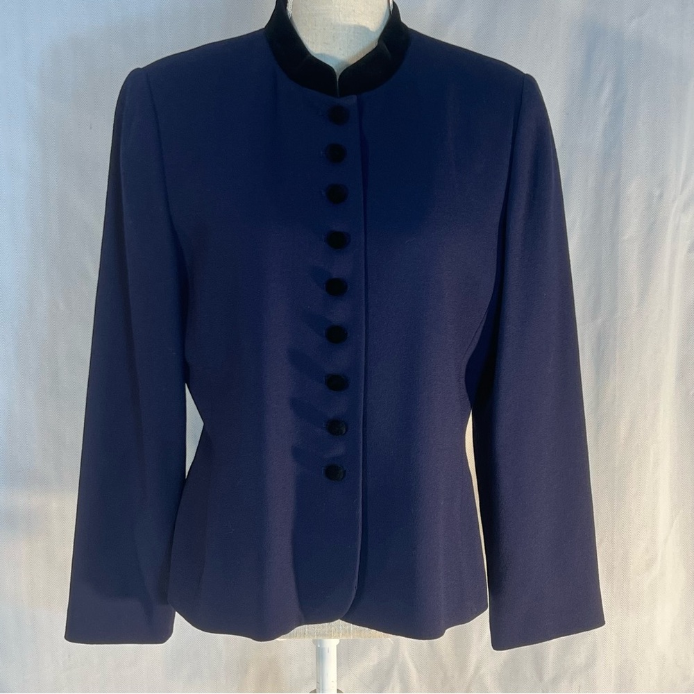 Kasper A.S.L. Blazer Navy Crepe Wool Velvet Collar & Covered Buttons Lined 12P👍
